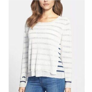 Eileen Fisher Linen Blend Layered Asymmetrical Hem Striped Sweater